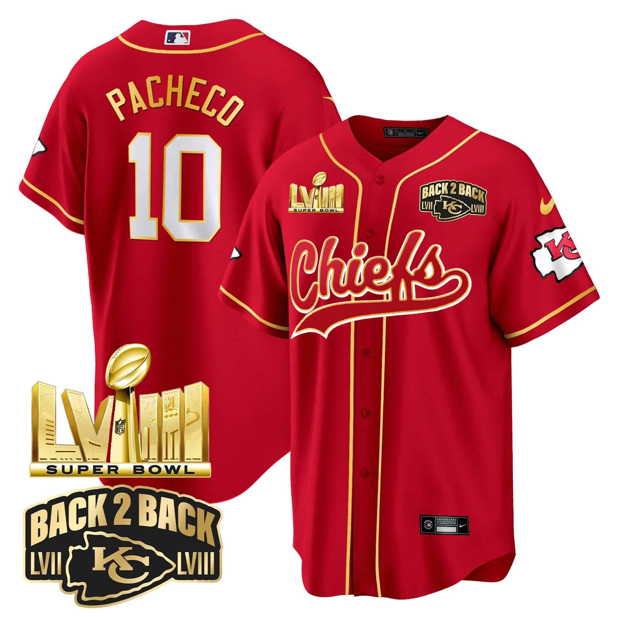 Men Kansas City Chiefs 10 Pacheco Red 2024 Nike Super Bowl LVIII Back 2 Back Gold Patch Baseball NFL Jersey